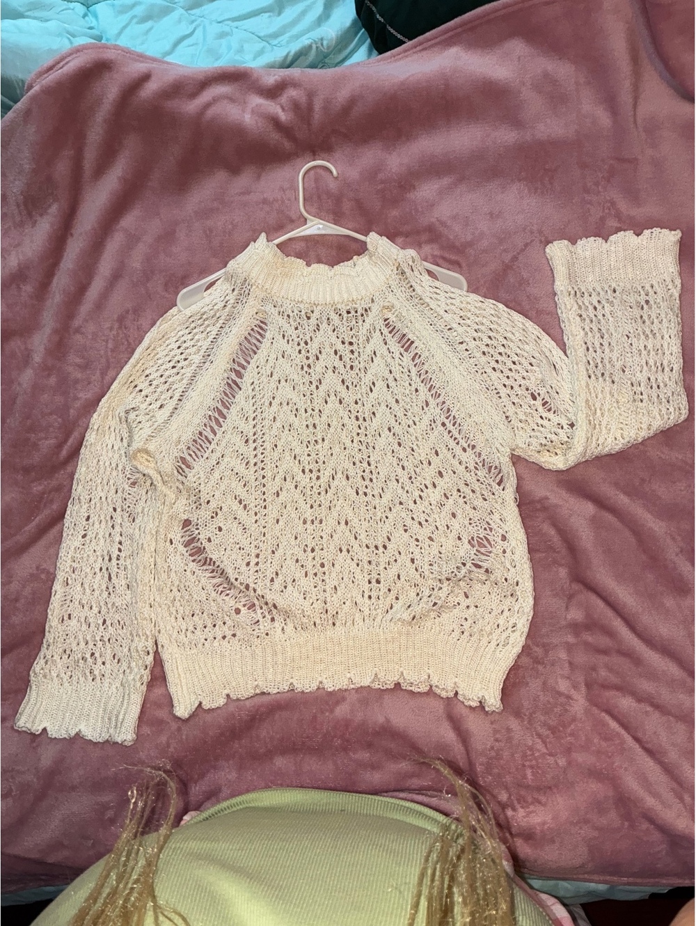 POL Ivory Open Knit Crochet Sweater Distressed Boho Mock Neck
